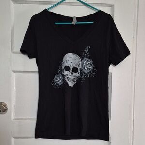 Next Level Apparel Black Tee with White Skull and Roses Graphic